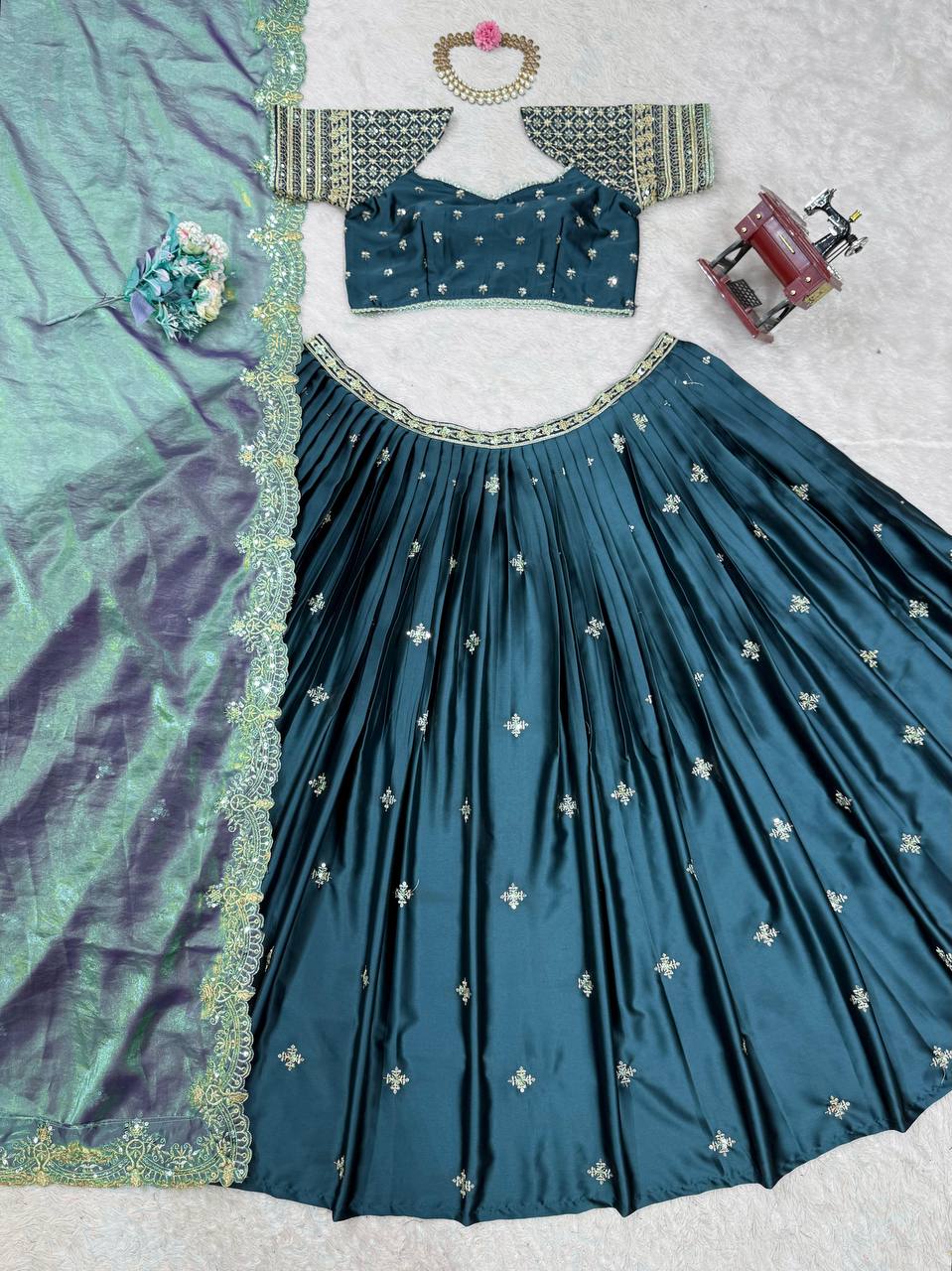 Japan Satin Lehenga Choli Set with Fendi Silk Dupatta | RoopRivaaj