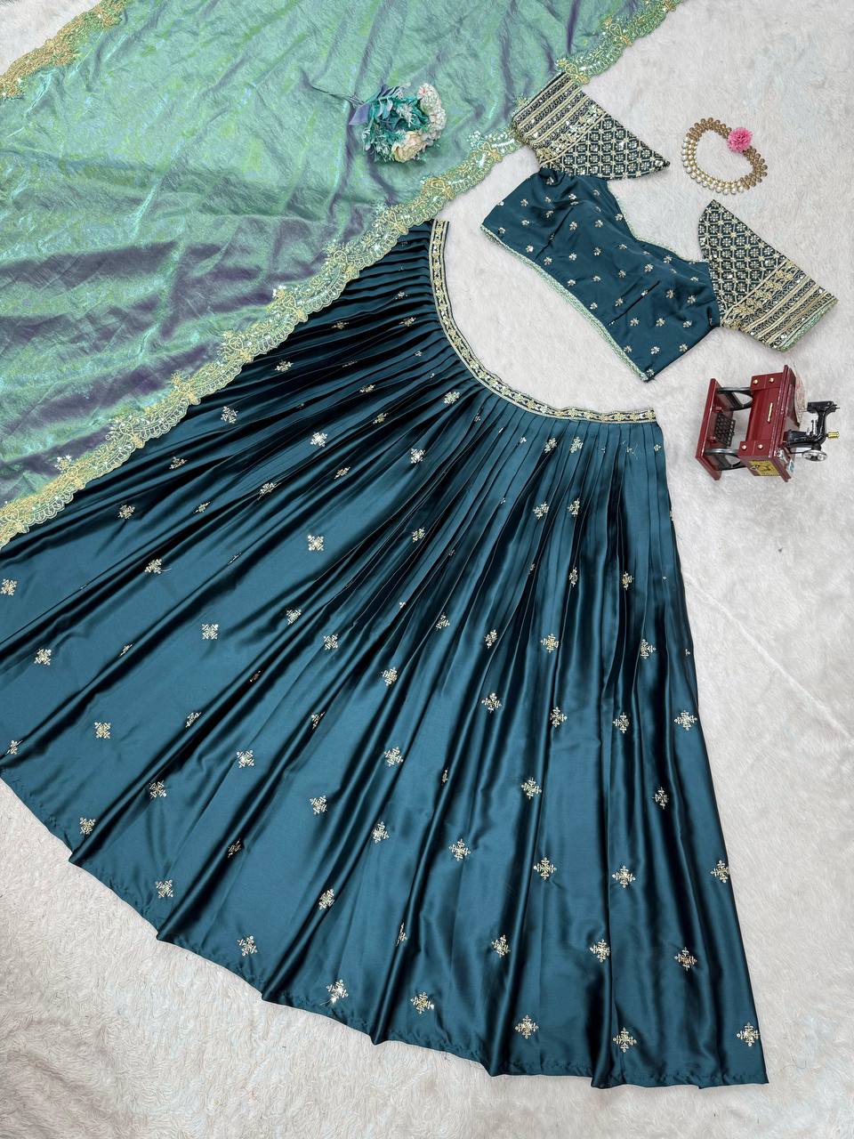 Japan Satin Lehenga Choli Set with Fendi Silk Dupatta | RoopRivaaj