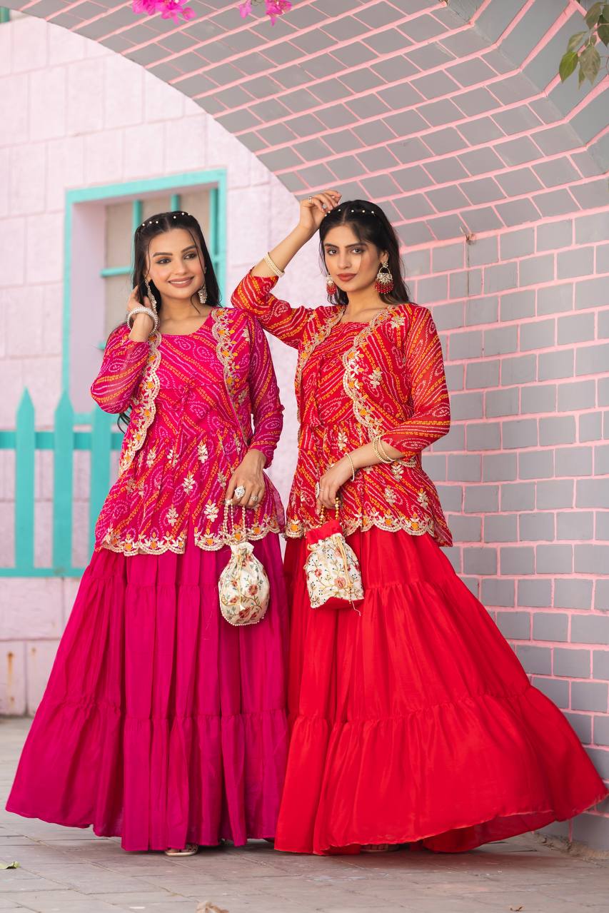 Bandhej Crop Top Lehenga Set with Embroidered Jacket | RoopRivaaj