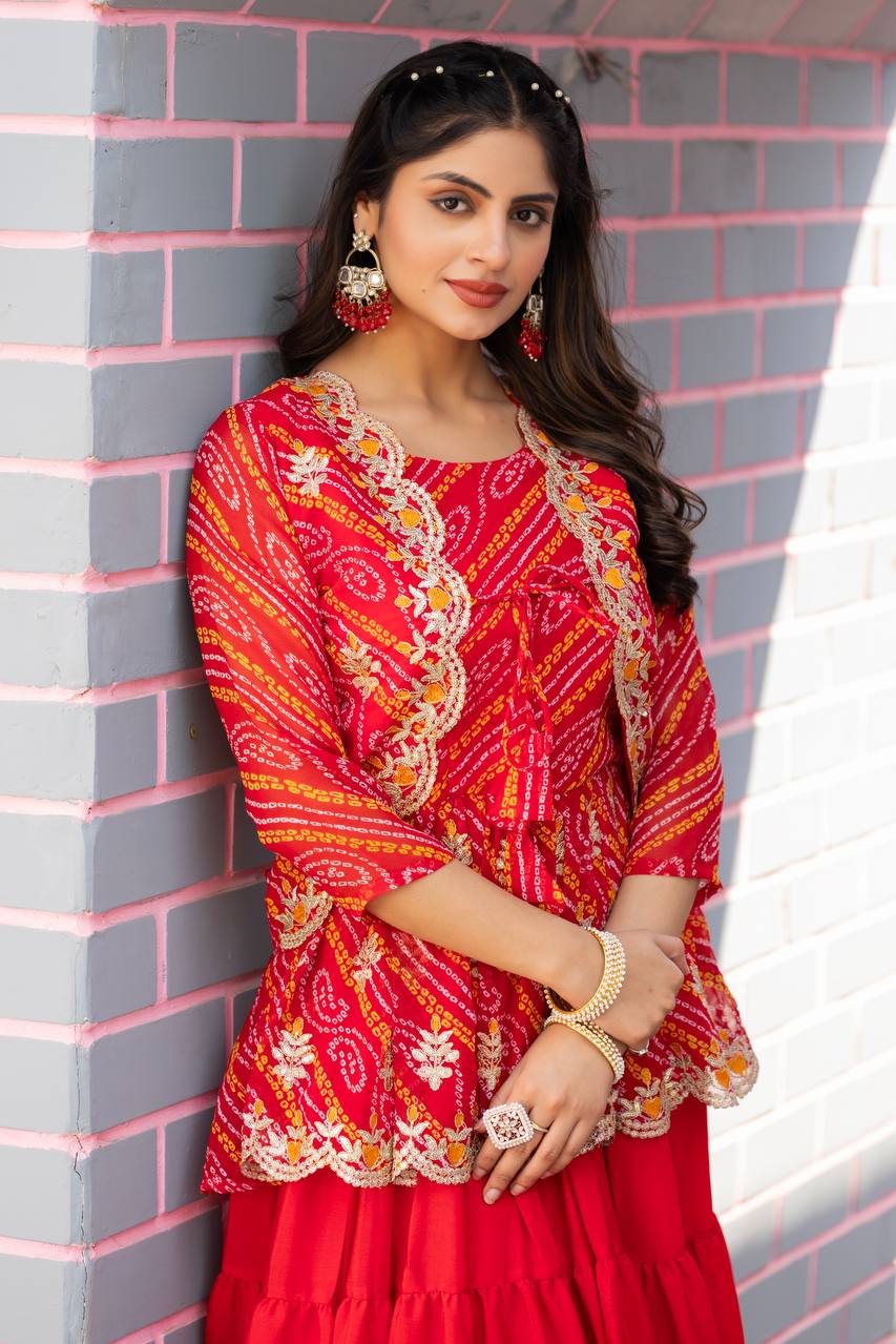 Bandhej Crop Top Lehenga Set with Embroidered Jacket | RoopRivaaj