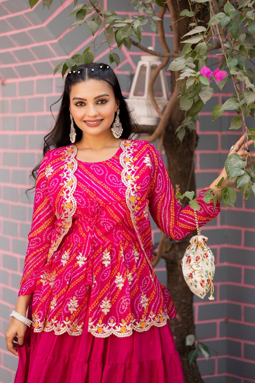 Bandhej Crop Top Lehenga Set with Embroidered Jacket | RoopRivaaj