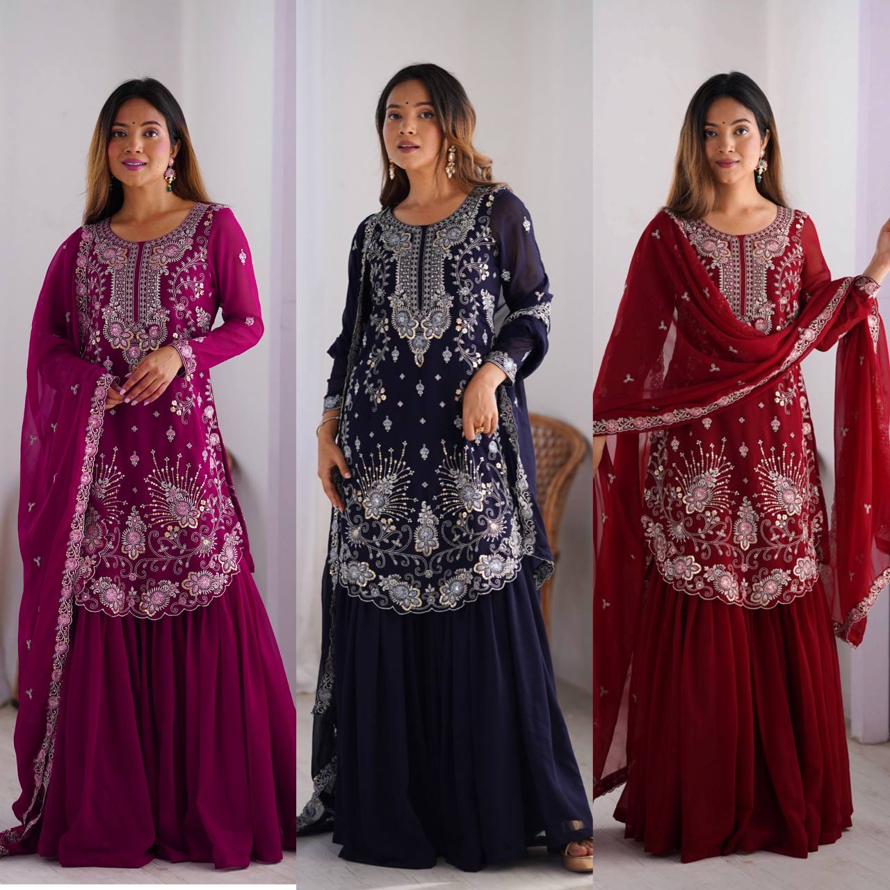 Thread Embroidered Georgette Sharara Set with Dupatta | RoopRivaaj