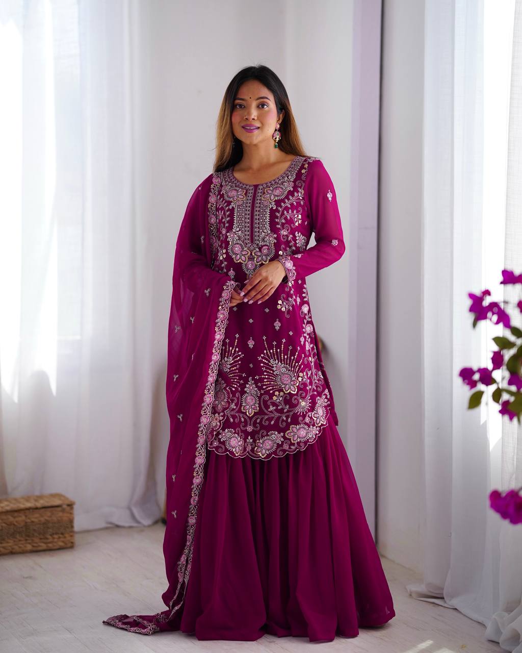Thread Embroidered Georgette Sharara Set with Dupatta | RoopRivaaj