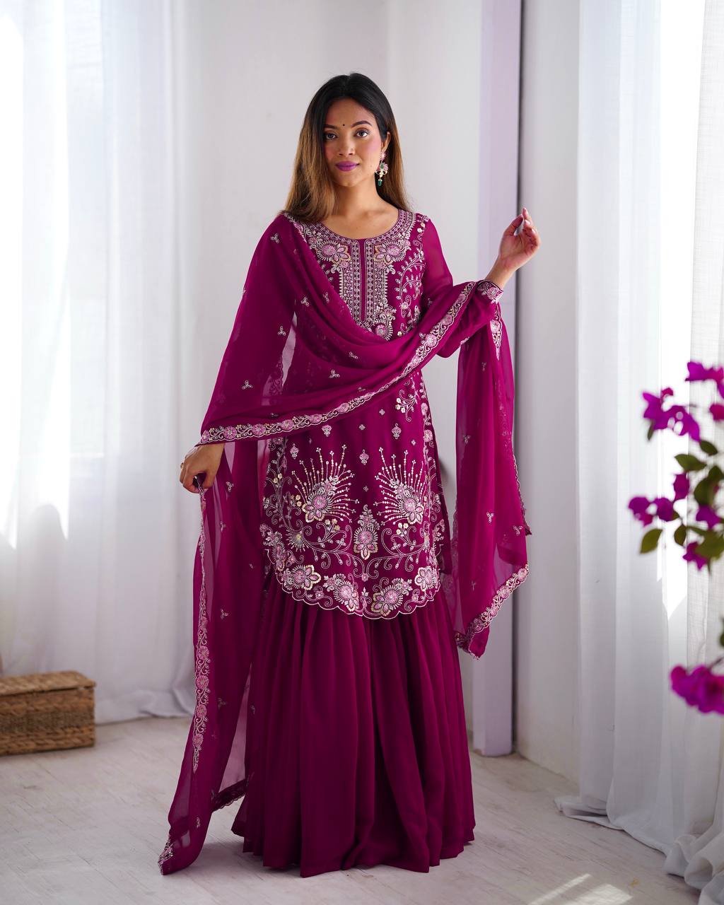 Thread Embroidered Georgette Sharara Set with Dupatta | RoopRivaaj