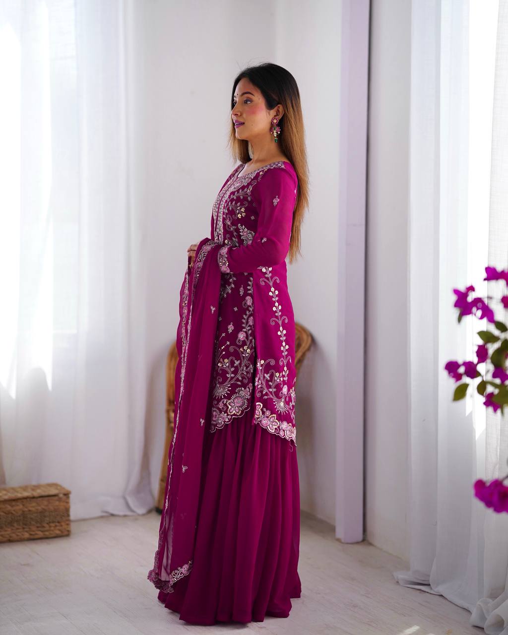 Thread Embroidered Georgette Sharara Set with Dupatta | RoopRivaaj