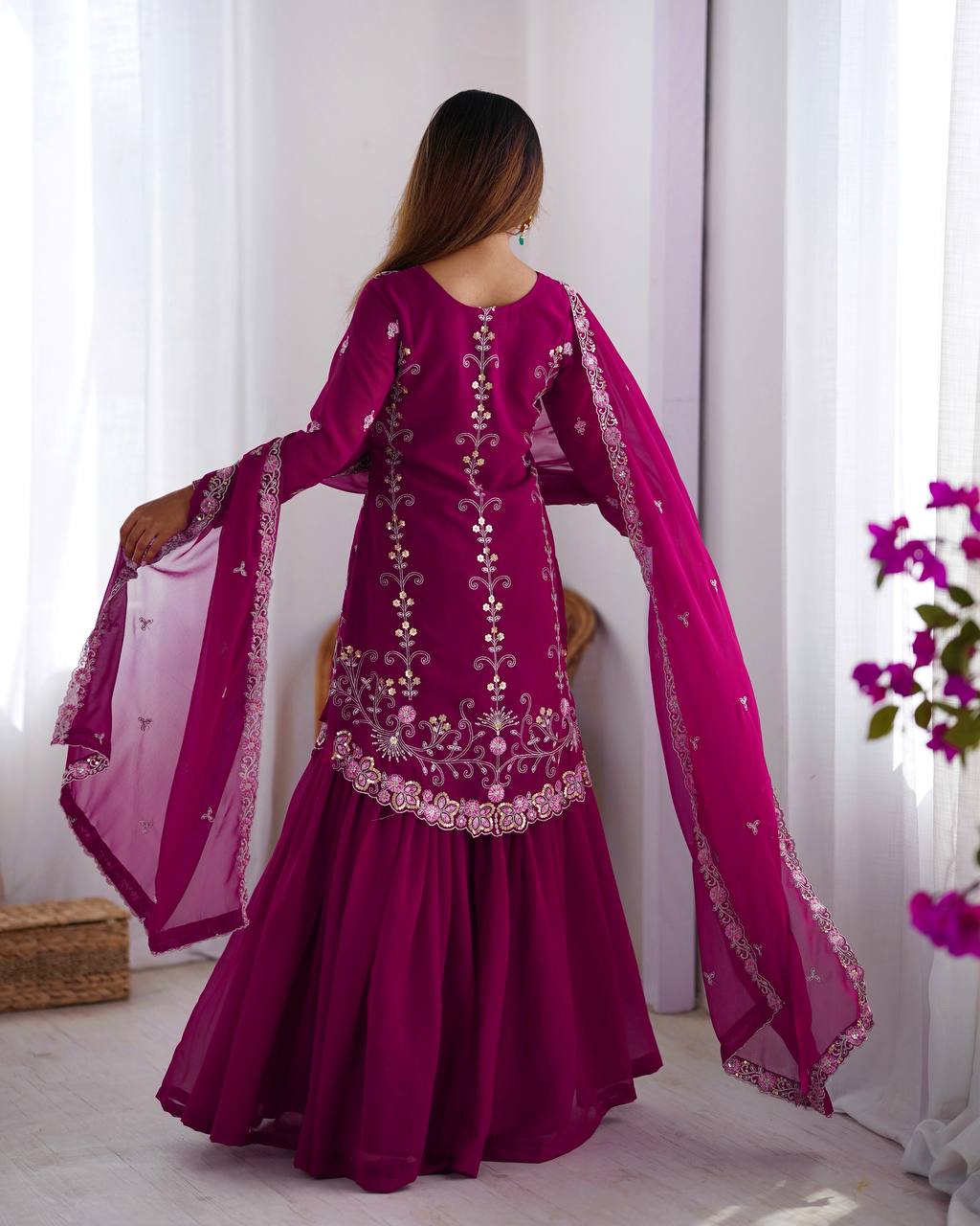 Thread Embroidered Georgette Sharara Set with Dupatta | RoopRivaaj