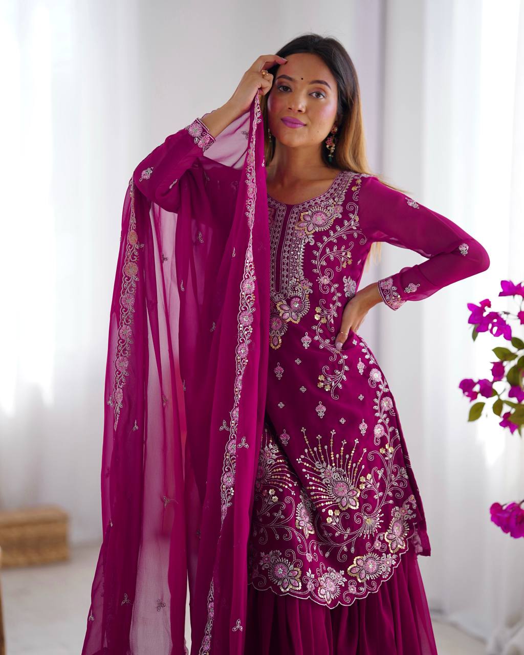 Thread Embroidered Georgette Sharara Set with Dupatta | RoopRivaaj