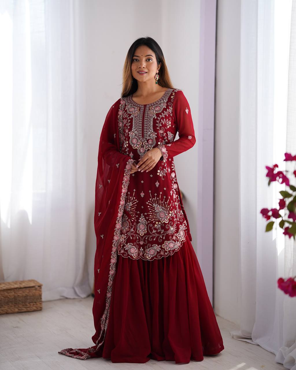 Thread Embroidered Georgette Sharara Set with Dupatta | RoopRivaaj