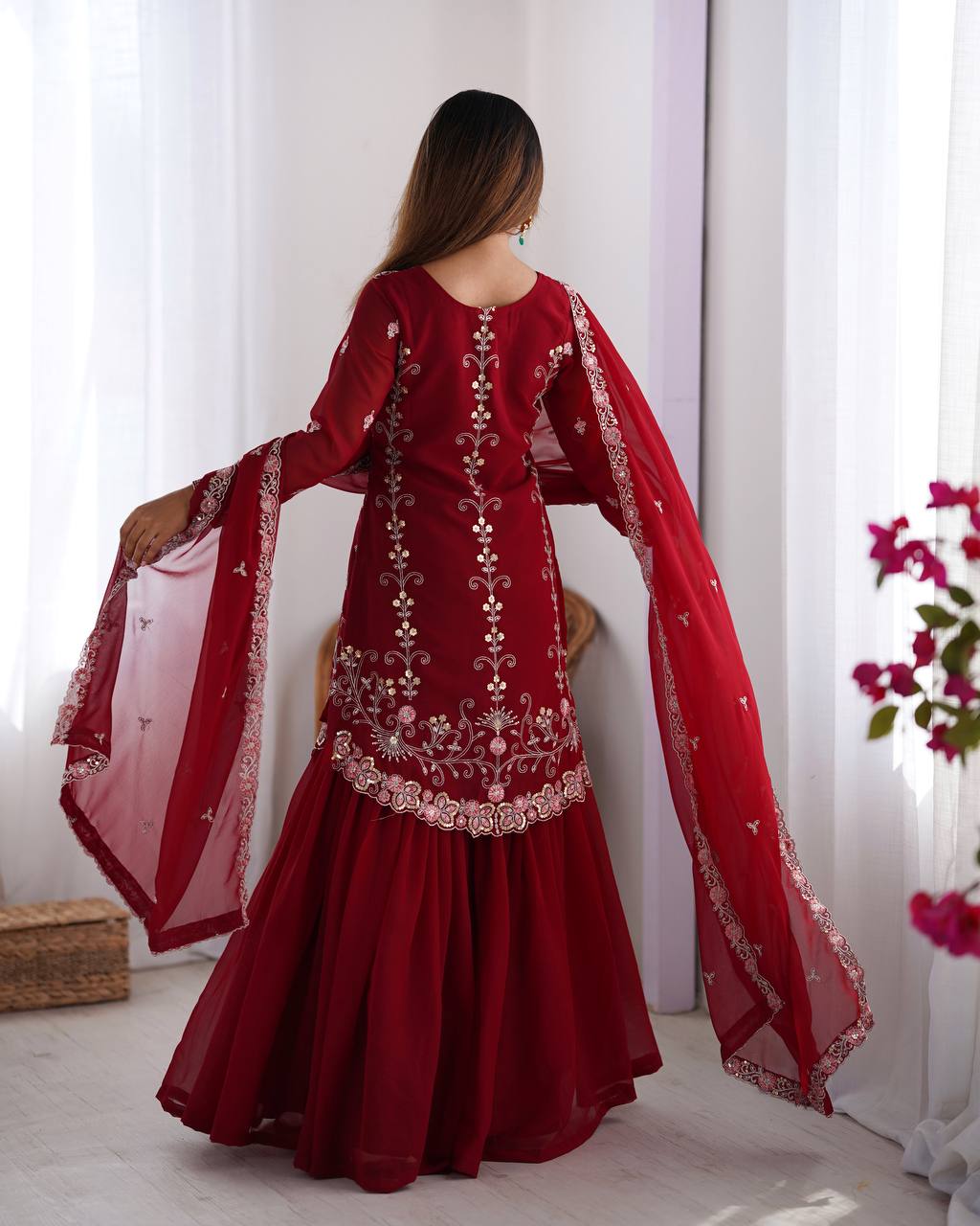 Thread Embroidered Georgette Sharara Set with Dupatta | RoopRivaaj