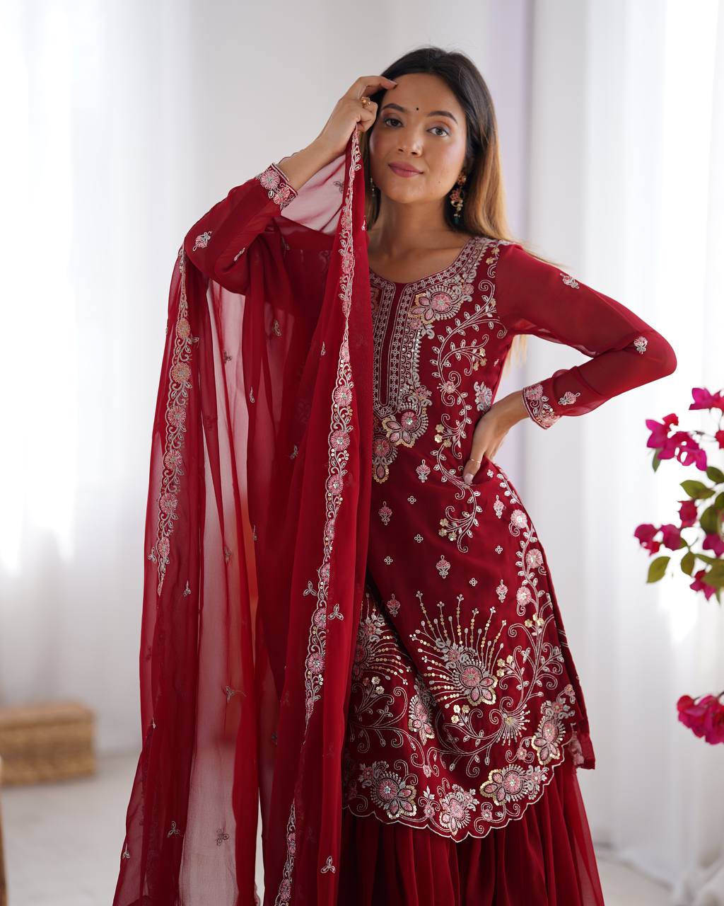 Thread Embroidered Georgette Sharara Set with Dupatta | RoopRivaaj