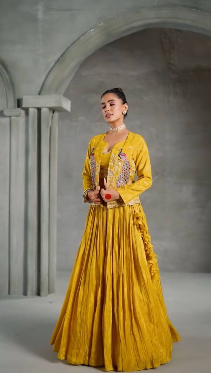 Premium Chinon Crop Top Lehenga Set with Embroidered Jacket | RoopRivaaj