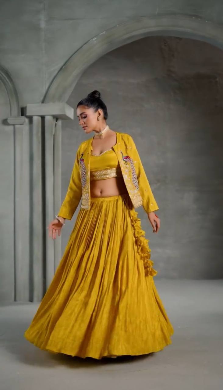 Premium Chinon Crop Top Lehenga Set with Embroidered Jacket | RoopRivaaj