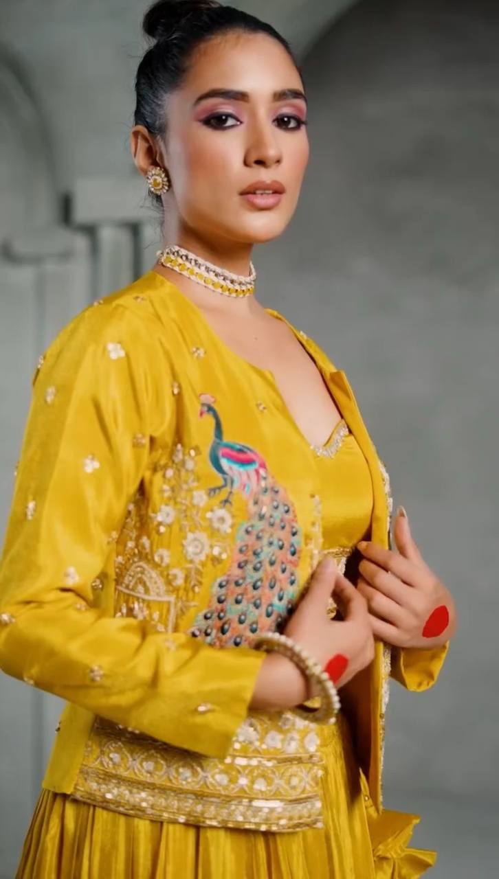 Premium Chinon Crop Top Lehenga Set with Embroidered Jacket | RoopRivaaj