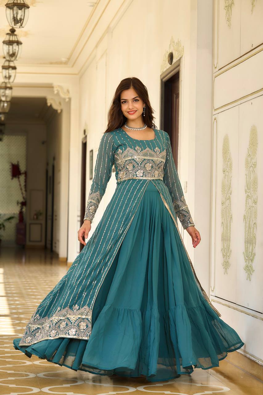 Festival Lehenga with Attached Shrug and Choli in Embroidery Work | RoopRivaaj