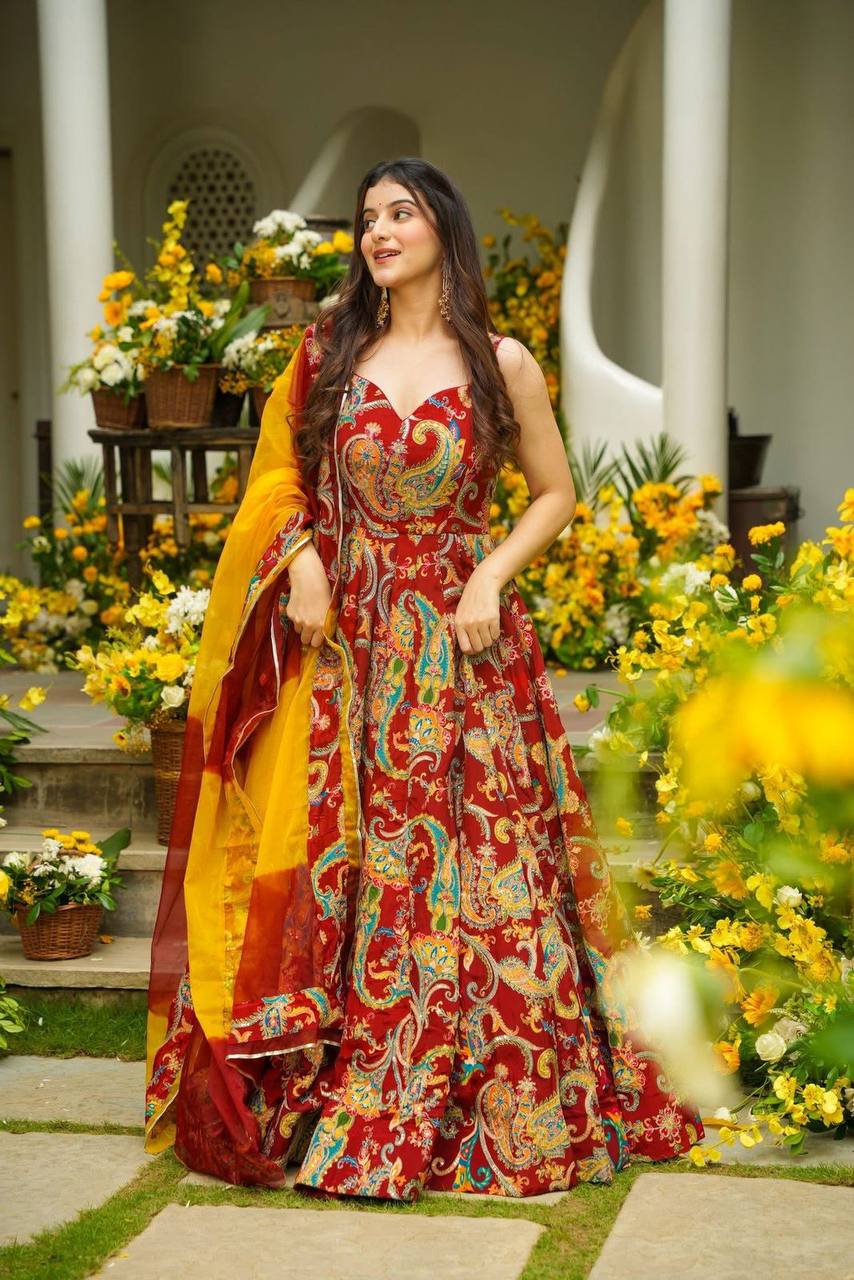 Elegant Jimmy Organza Silk Digital Printed Anarkali Gown with Huge Flair | RoopRivaaj