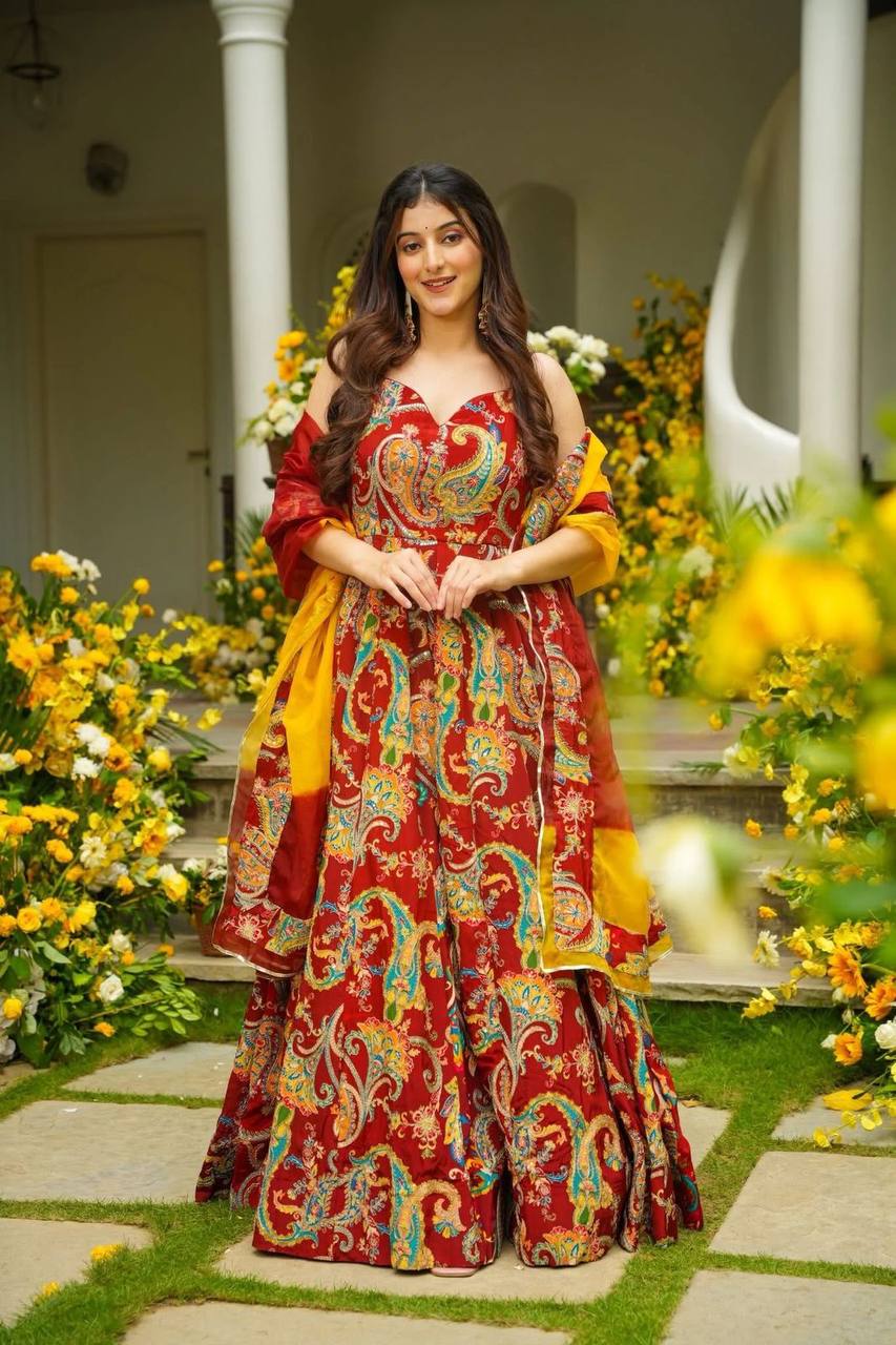 Elegant Jimmy Organza Silk Digital Printed Anarkali Gown with Huge Flair | RoopRivaaj