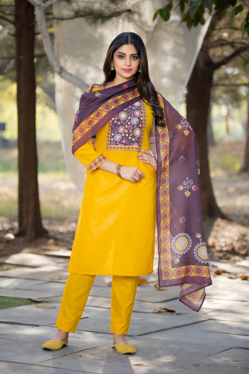 Elegant Cotton Straight Kurti Pant Dupatta Set | RoopRivaaj