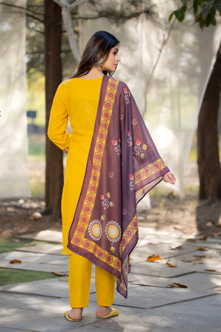 Elegant Cotton Straight Kurti Pant Dupatta Set | RoopRivaaj