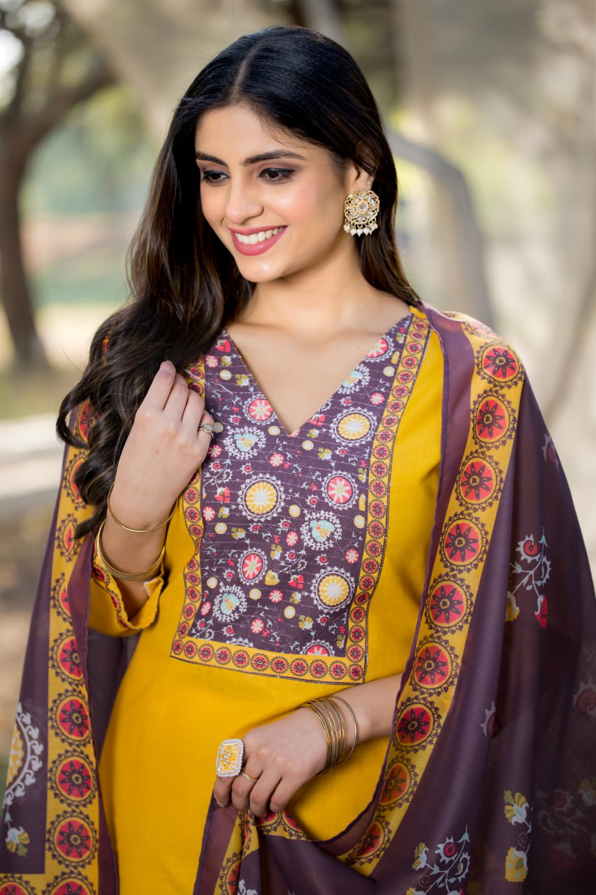 Elegant Cotton Straight Kurti Pant Dupatta Set | RoopRivaaj