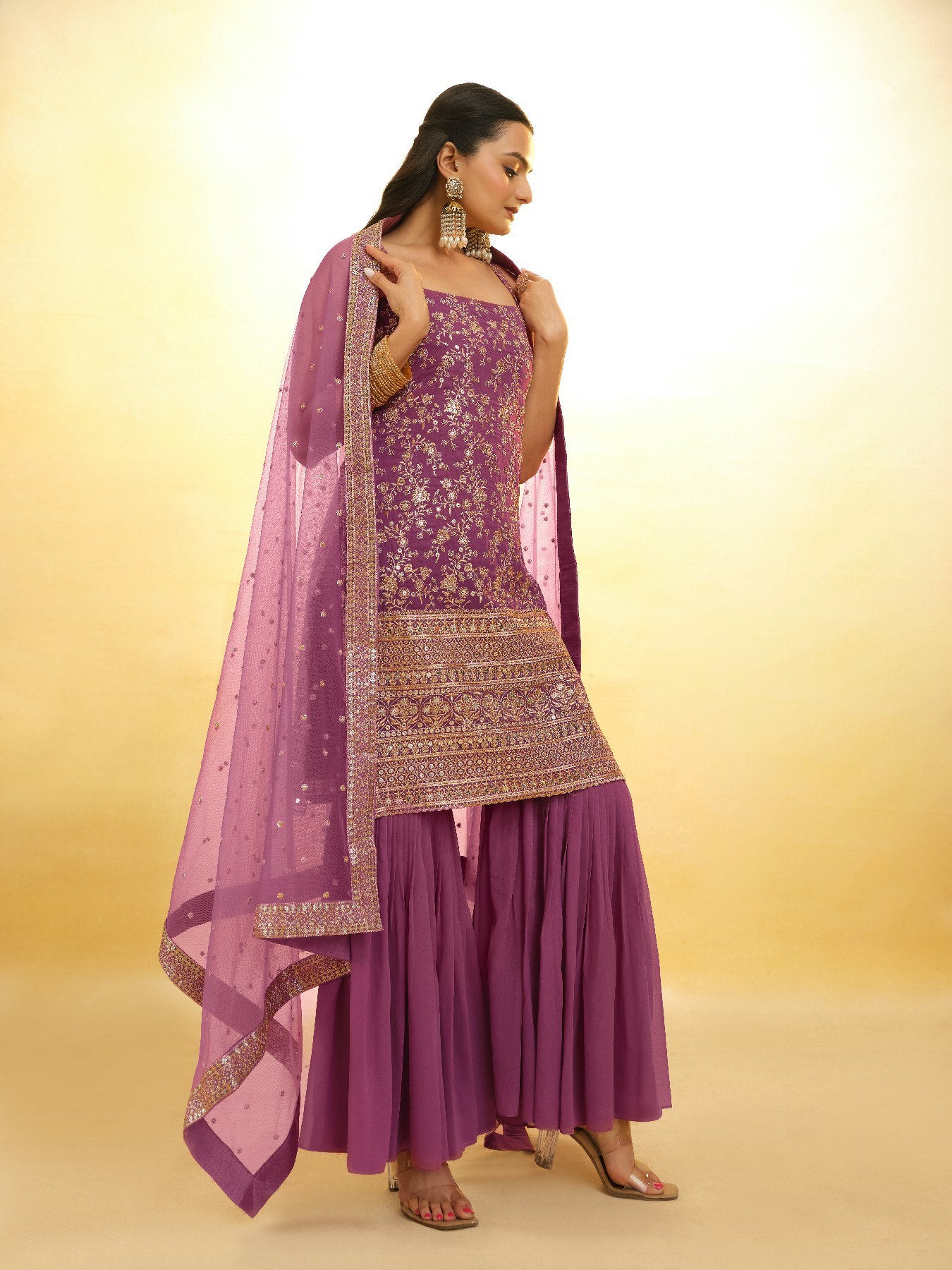 Georgette Sequins Embroidered Top Sharara Set with Dupatta | RoopRivaaj