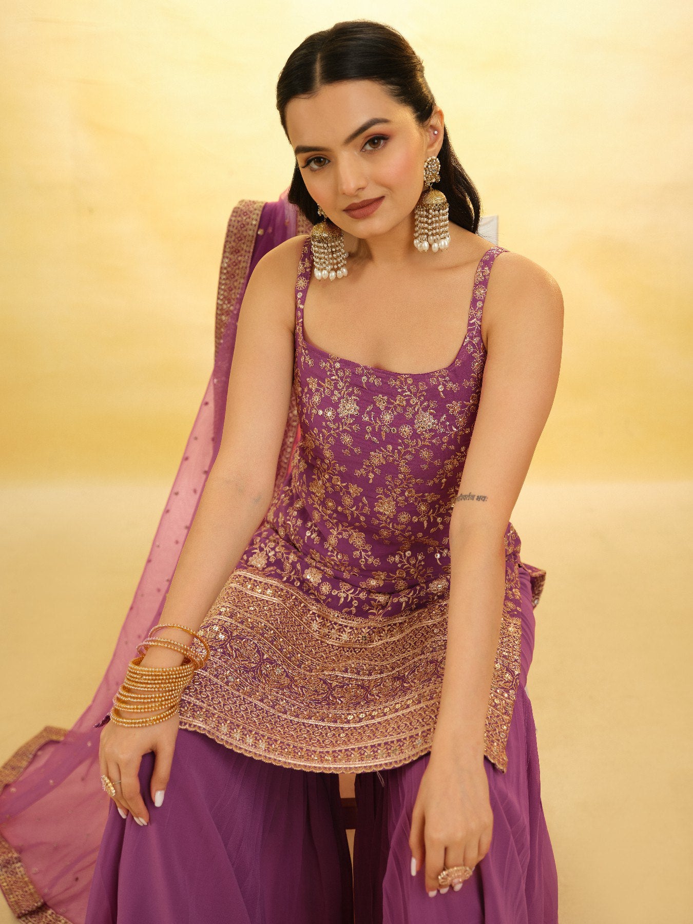 Georgette Sequins Embroidered Top Sharara Set with Dupatta | RoopRivaaj