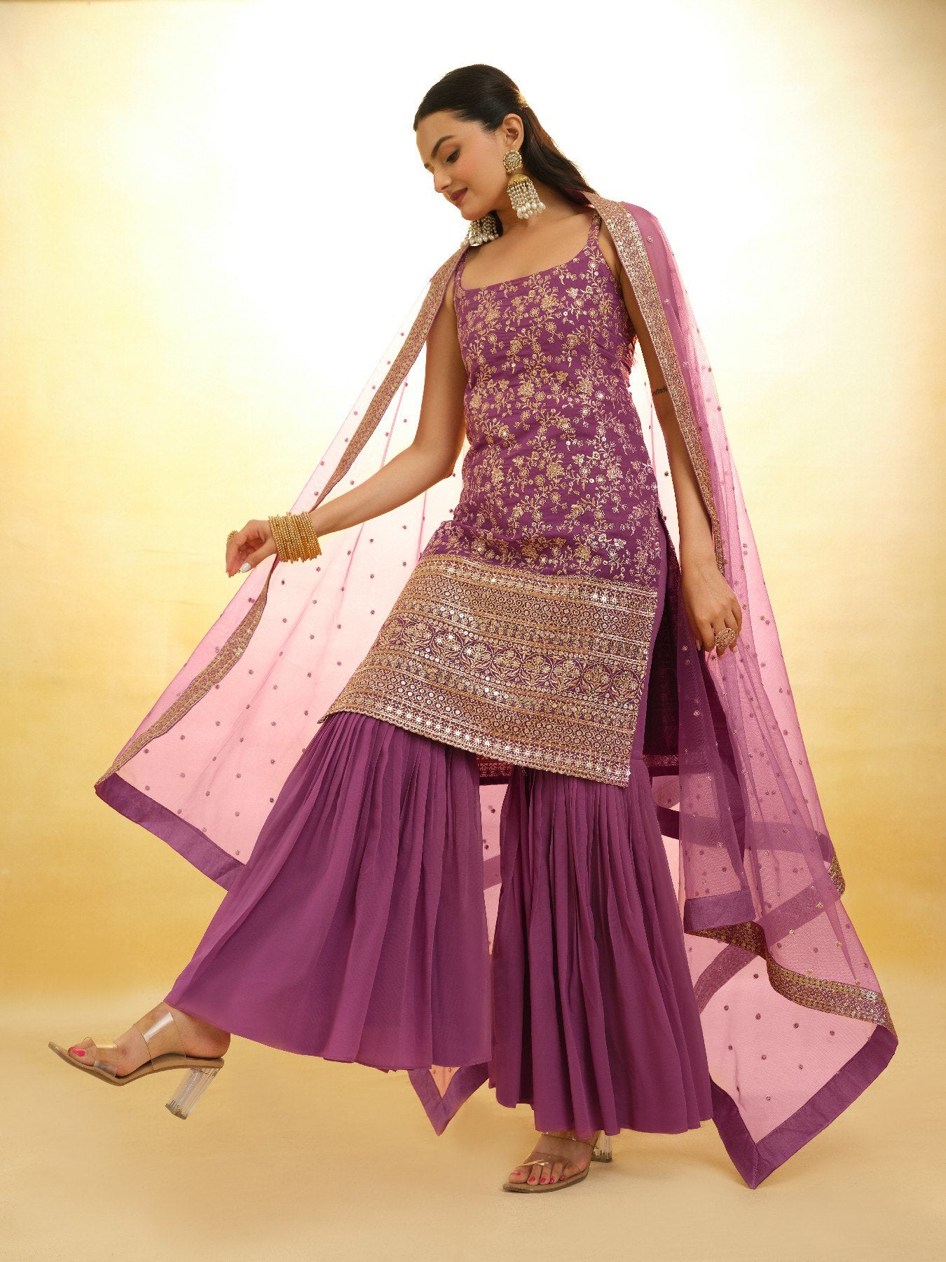 Georgette Sequins Embroidered Top Sharara Set with Dupatta | RoopRivaaj