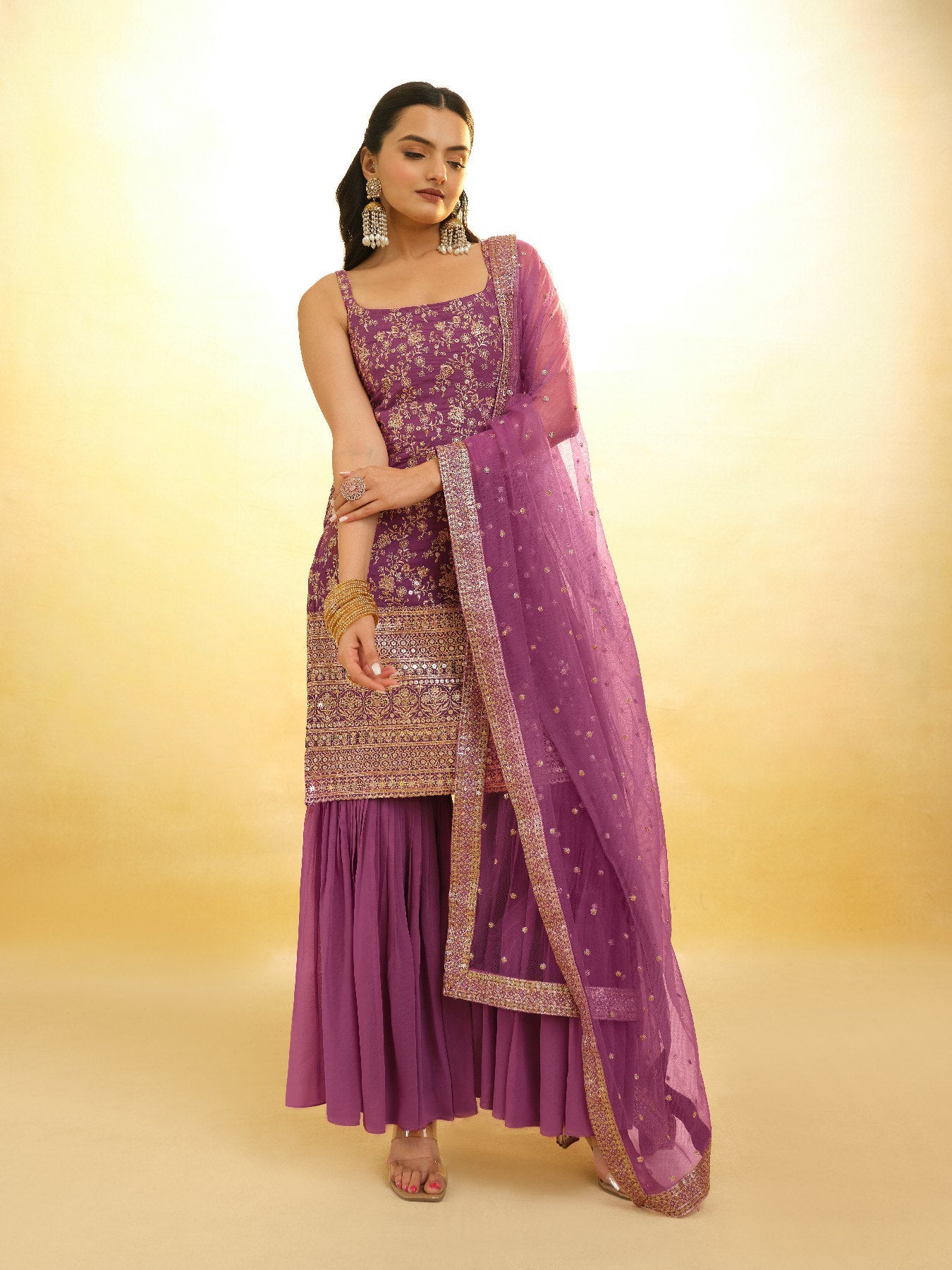 Georgette Sequins Embroidered Top Sharara Set with Dupatta | RoopRivaaj