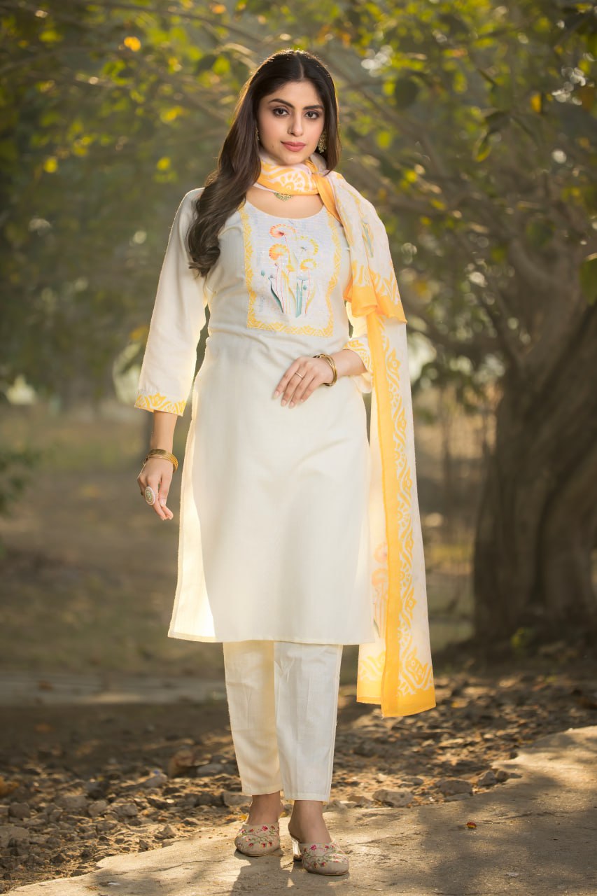 Elegant Cotton Straight Kurti Pant Dupatta Set | RoopRivaaj