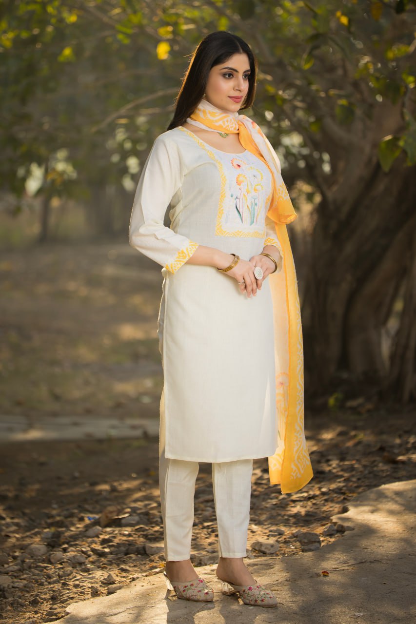 Elegant Cotton Straight Kurti Pant Dupatta Set | RoopRivaaj