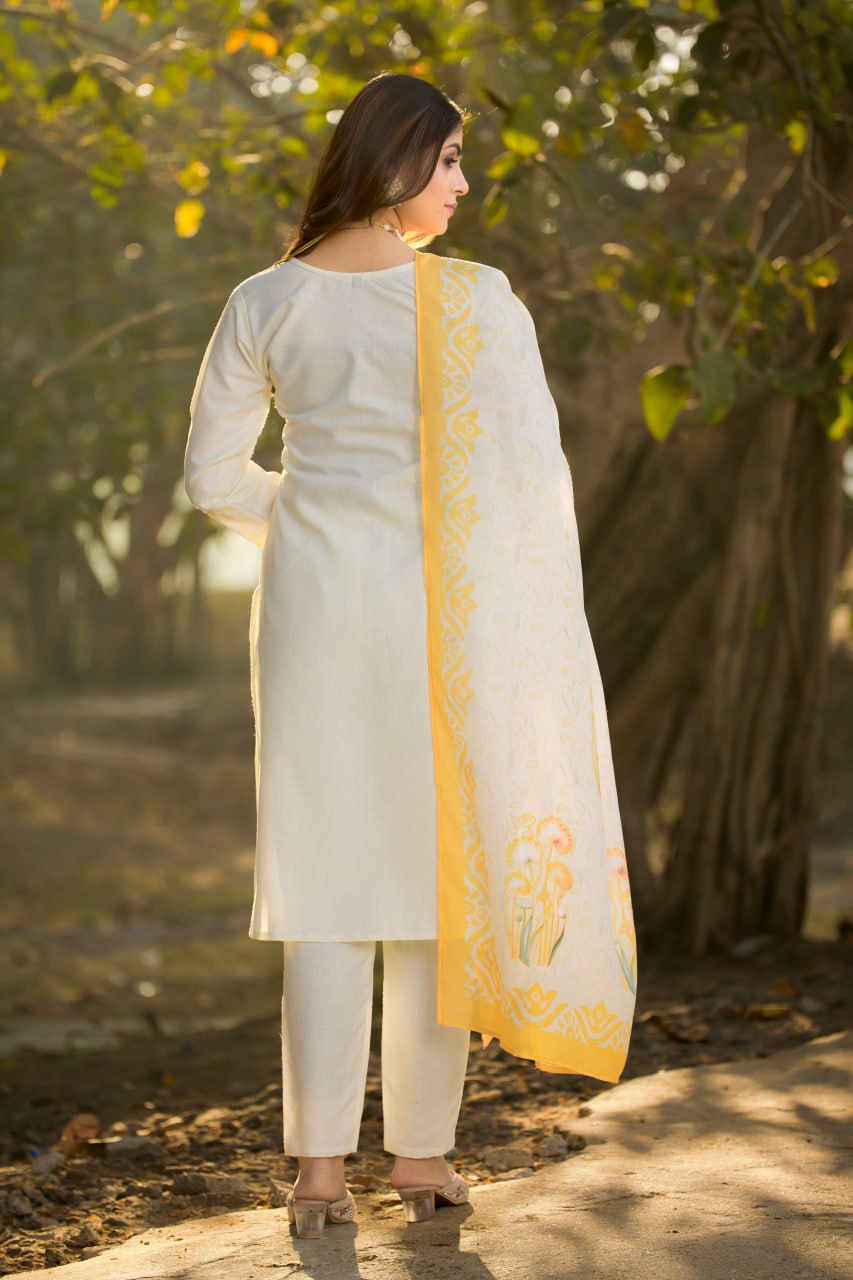 Elegant Cotton Straight Kurti Pant Dupatta Set | RoopRivaaj