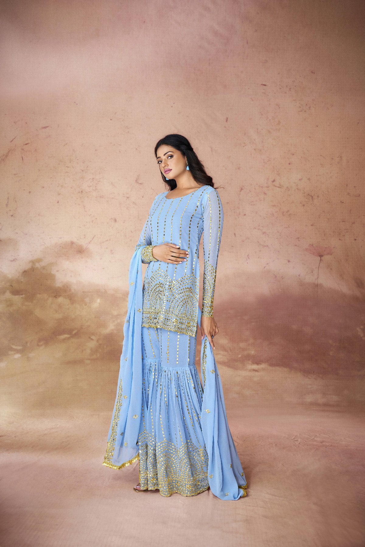 Georgette Sequin Embroidered Top Sharara Suit | RoopRivaaj