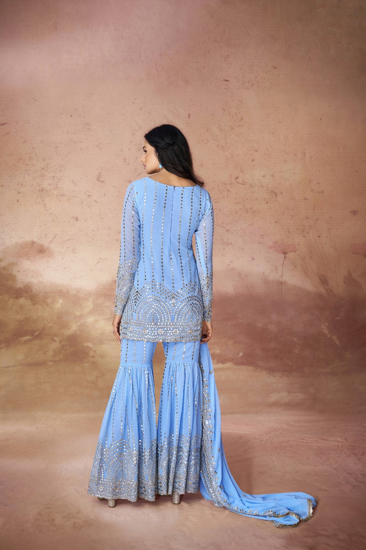 Georgette Sequin Embroidered Top Sharara Suit | RoopRivaaj
