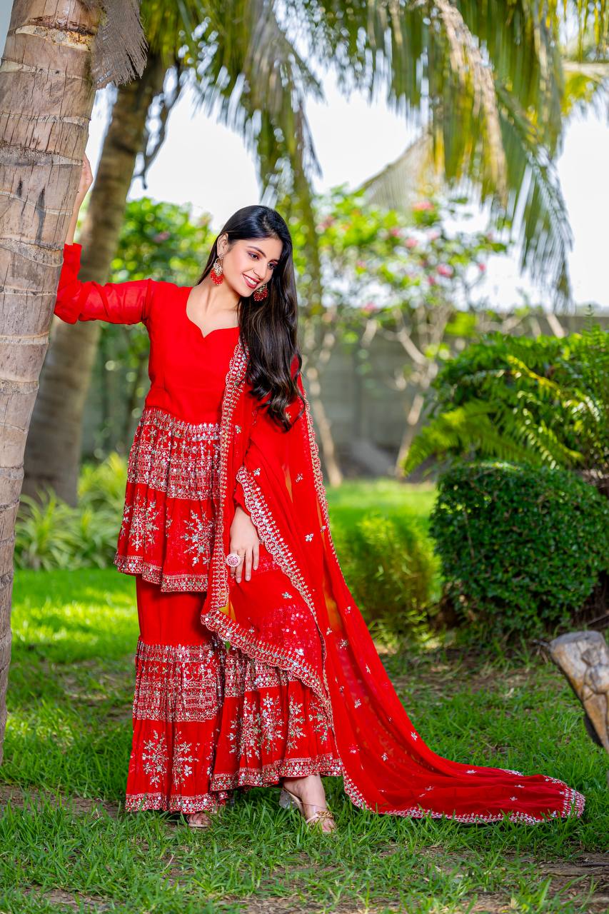 Designer Party Wear Sharara Suit Set with Embroidered Top and Dupatta | RoopRivaaj