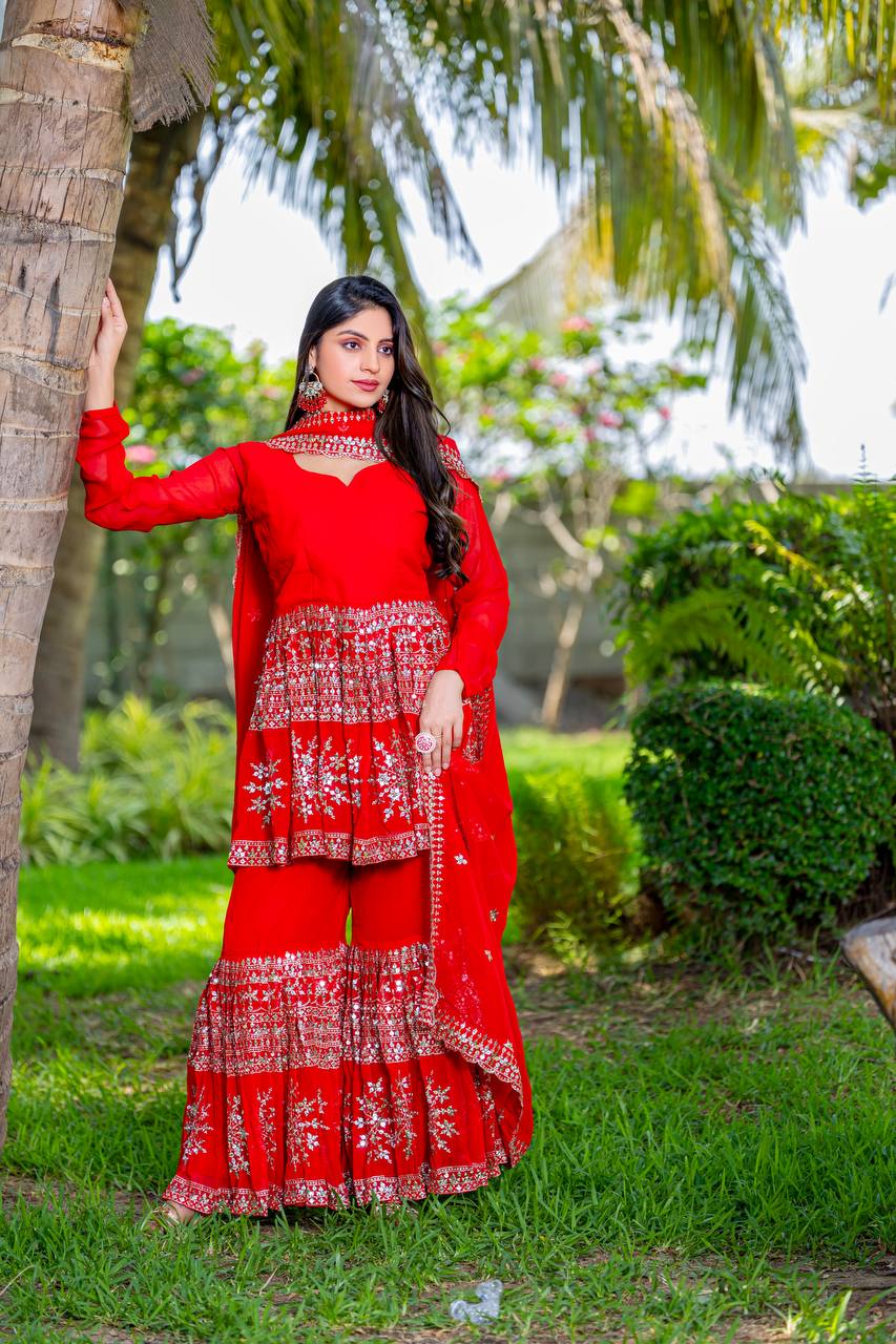 Designer Party Wear Sharara Suit Set with Embroidered Top and Dupatta | RoopRivaaj