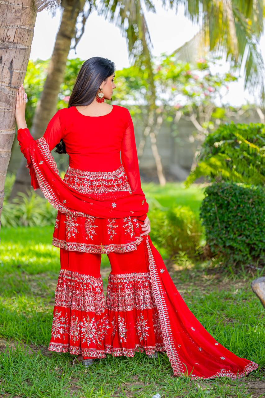 Designer Party Wear Sharara Suit Set with Embroidered Top and Dupatta | RoopRivaaj