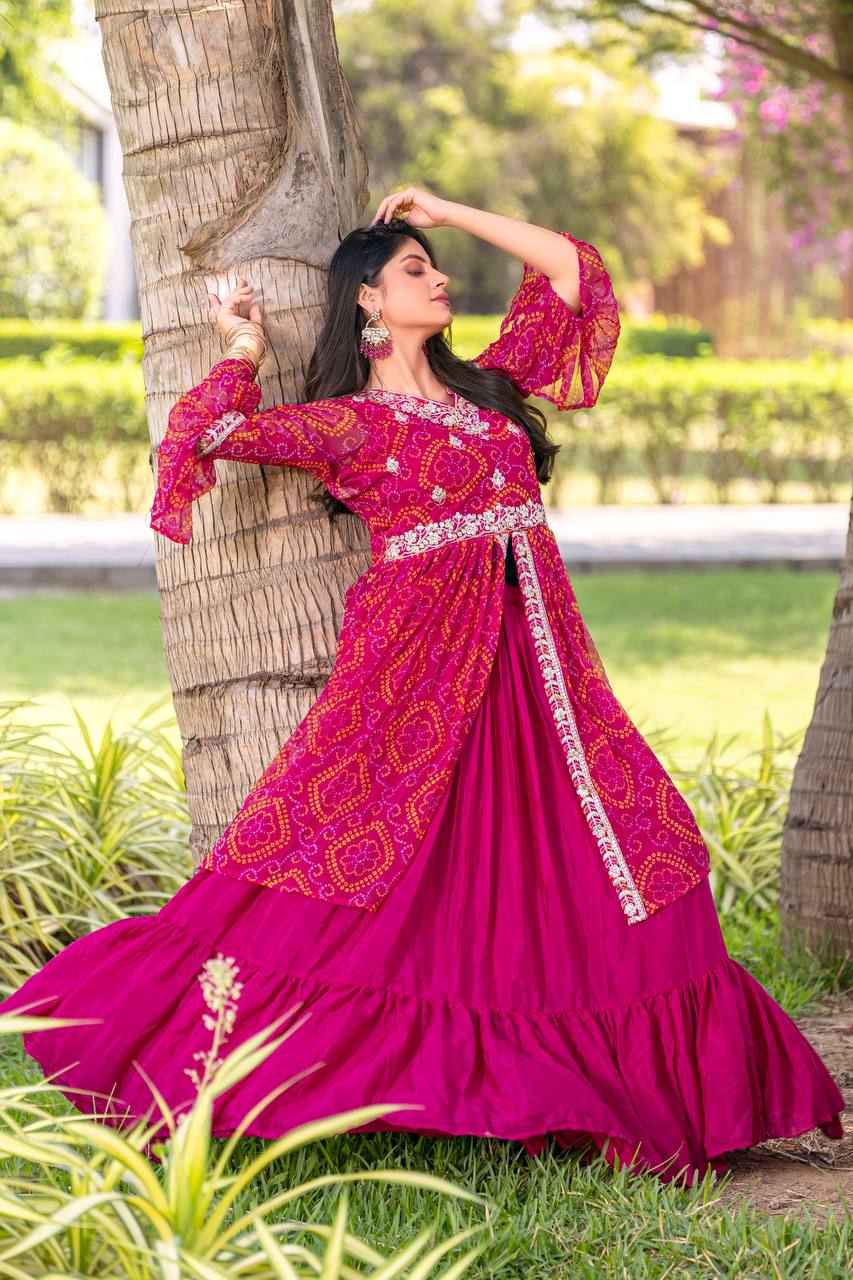 Bandhej Shrug with Choli and Chinon Lehenga Set | RoopRivaaj