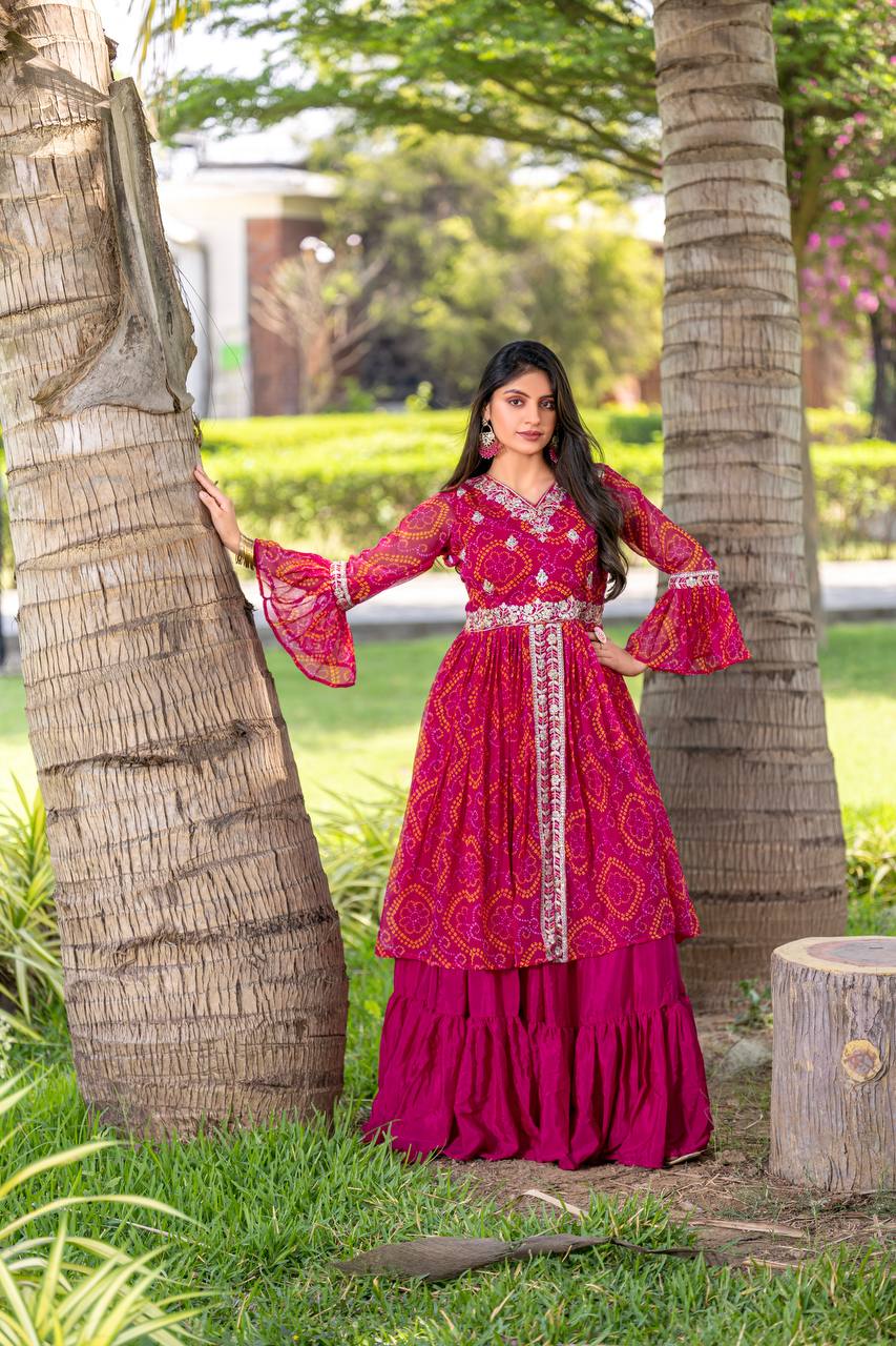 Bandhej Shrug with Choli and Chinon Lehenga Set | RoopRivaaj