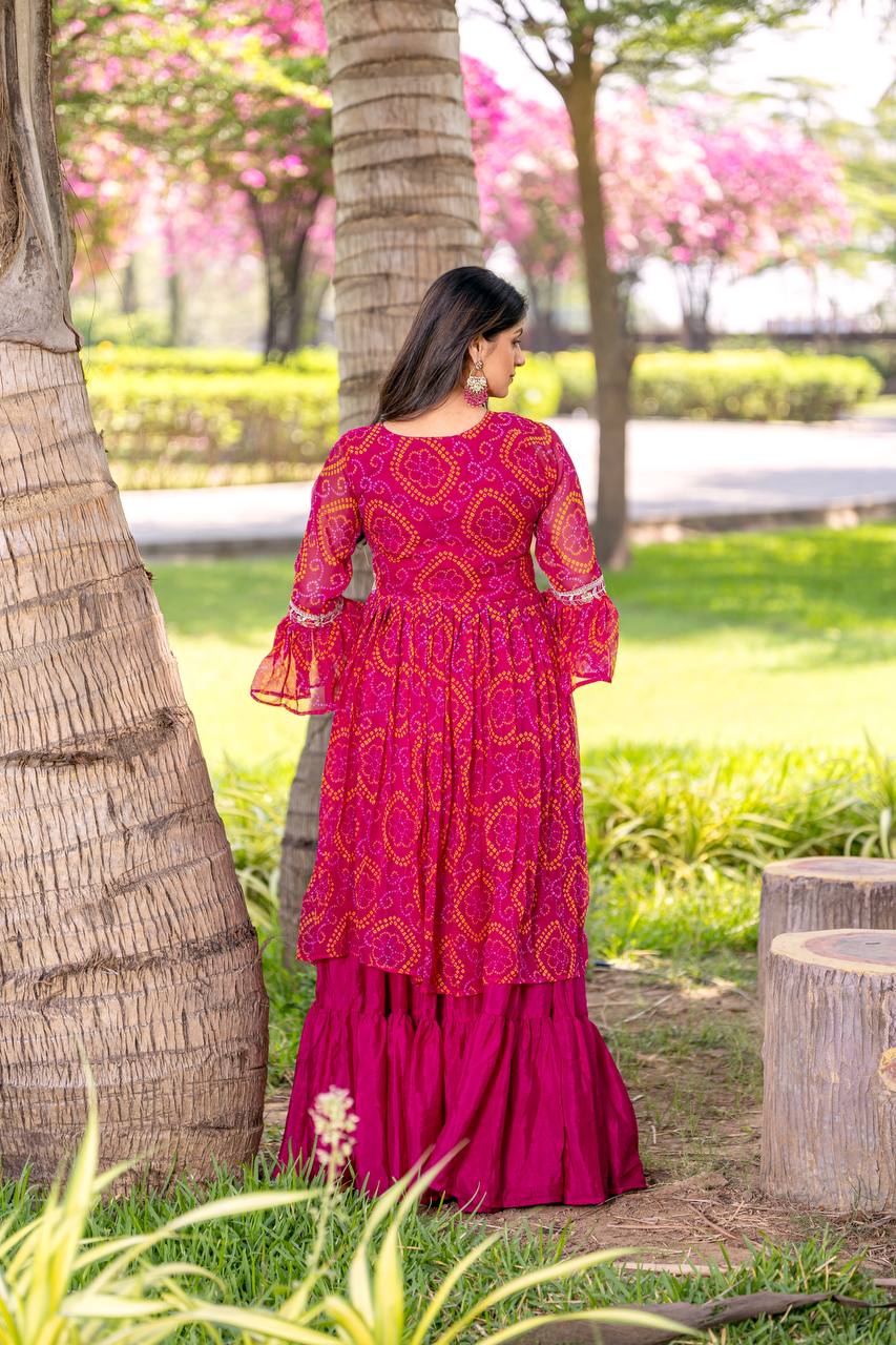 Bandhej Shrug with Choli and Chinon Lehenga Set | RoopRivaaj