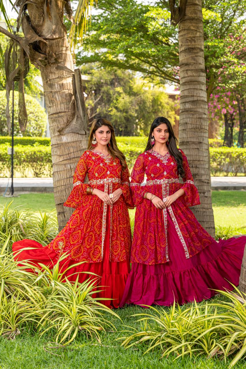 Bandhej Shrug with Choli and Chinon Lehenga Set | RoopRivaaj