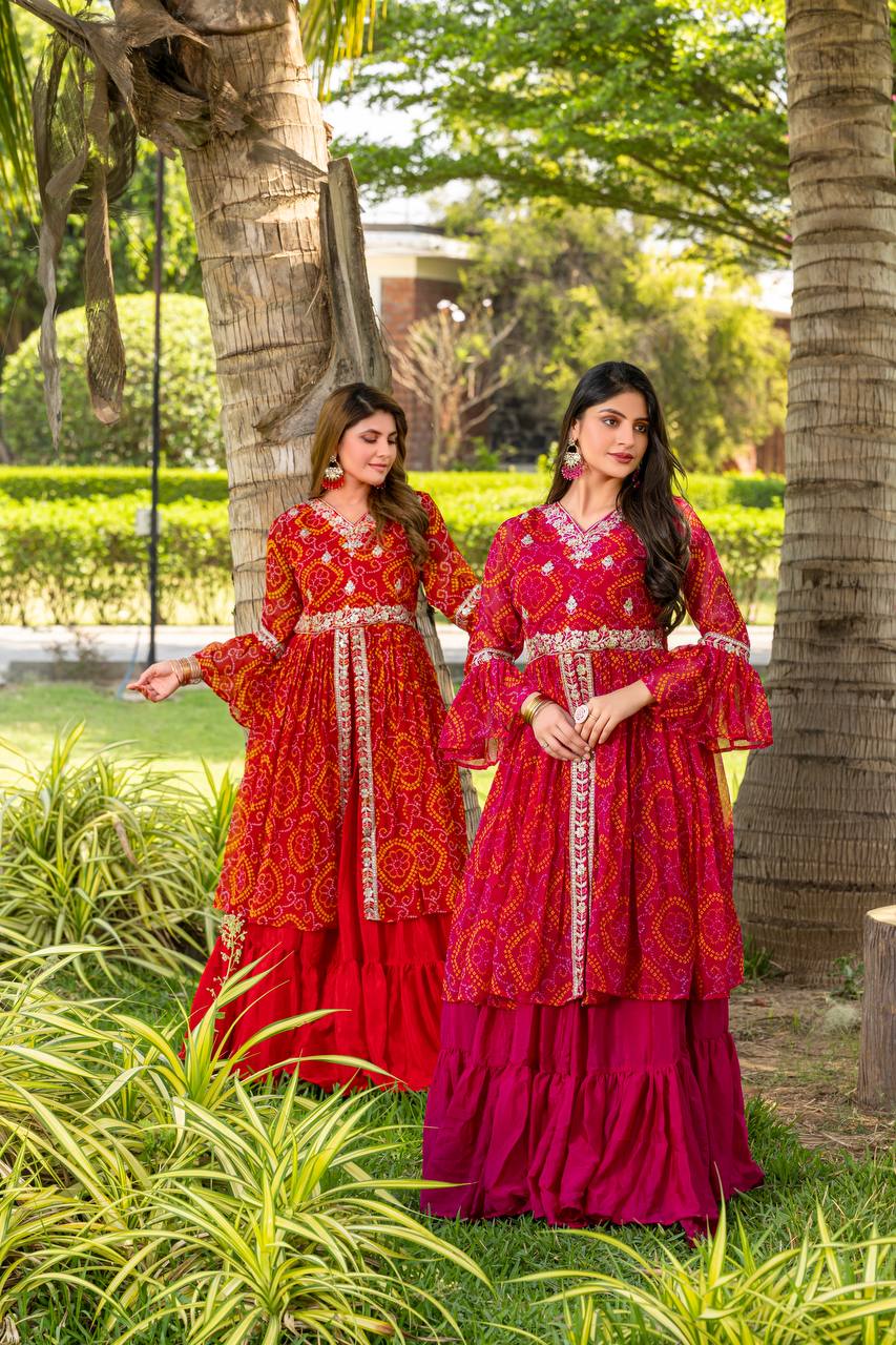 Bandhej Shrug with Choli and Chinon Lehenga Set | RoopRivaaj