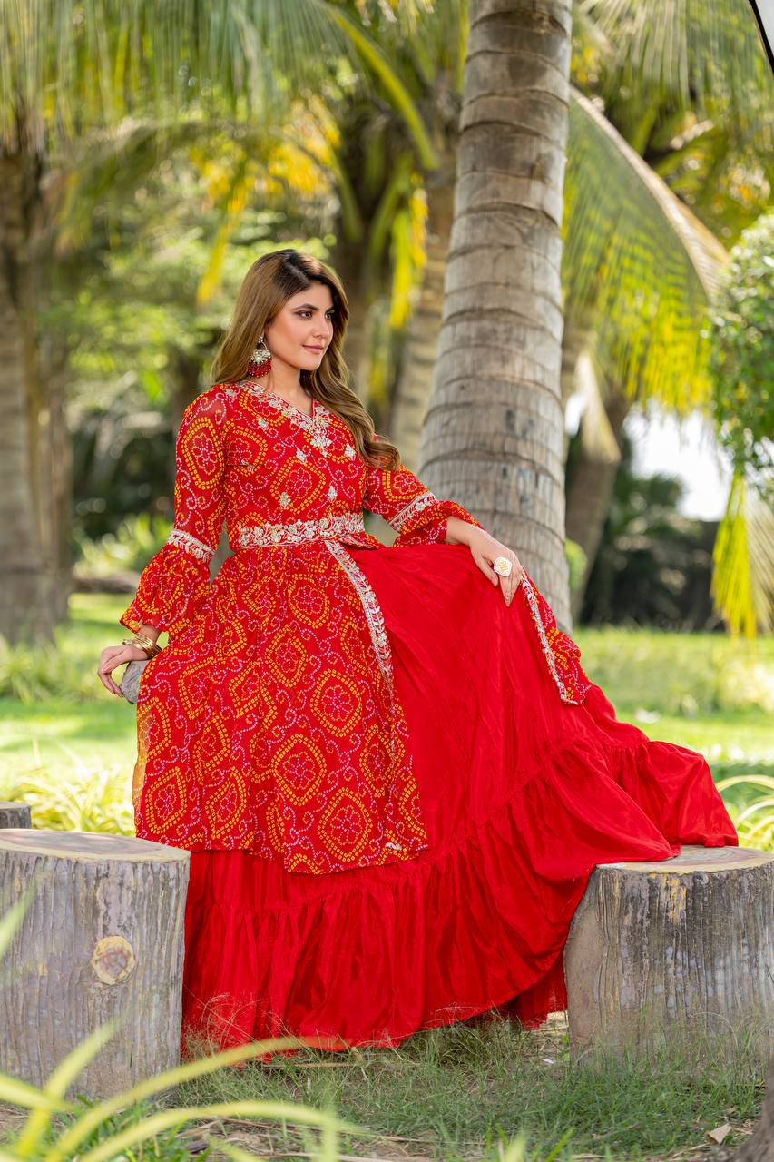 Bandhej Shrug with Choli and Chinon Lehenga Set | RoopRivaaj