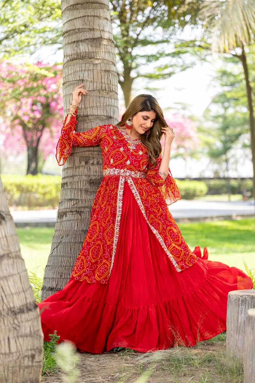 Bandhej Shrug with Choli and Chinon Lehenga Set | RoopRivaaj