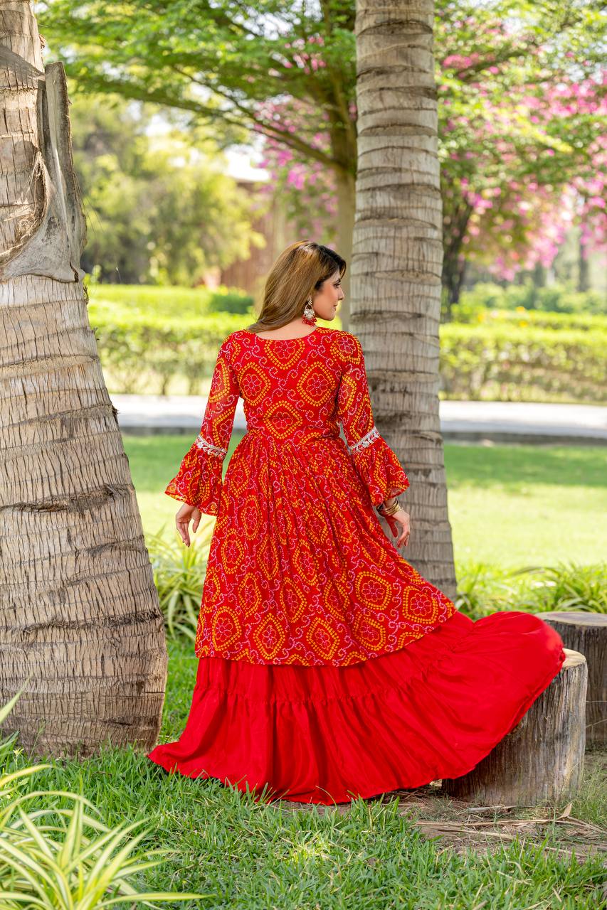 Bandhej Shrug with Choli and Chinon Lehenga Set | RoopRivaaj