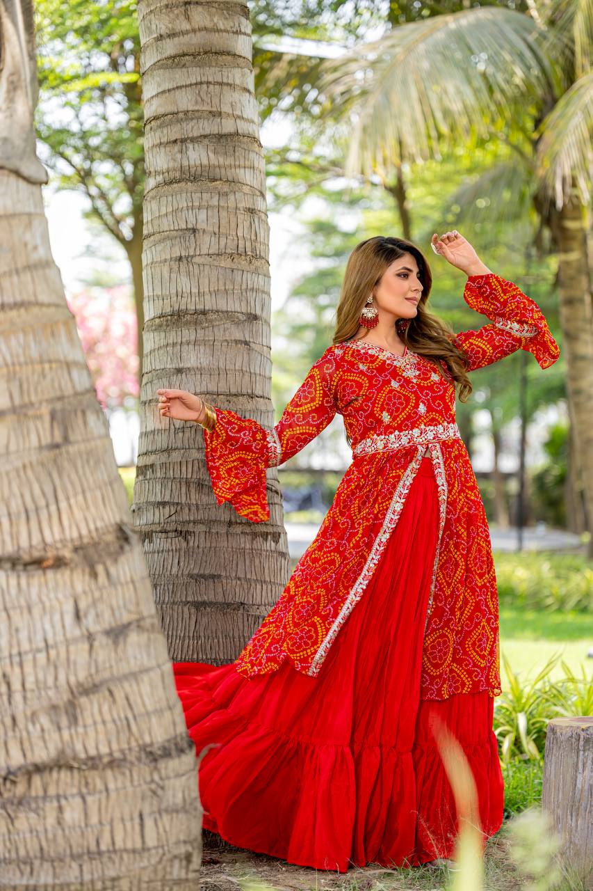 Bandhej Shrug with Choli and Chinon Lehenga Set | RoopRivaaj
