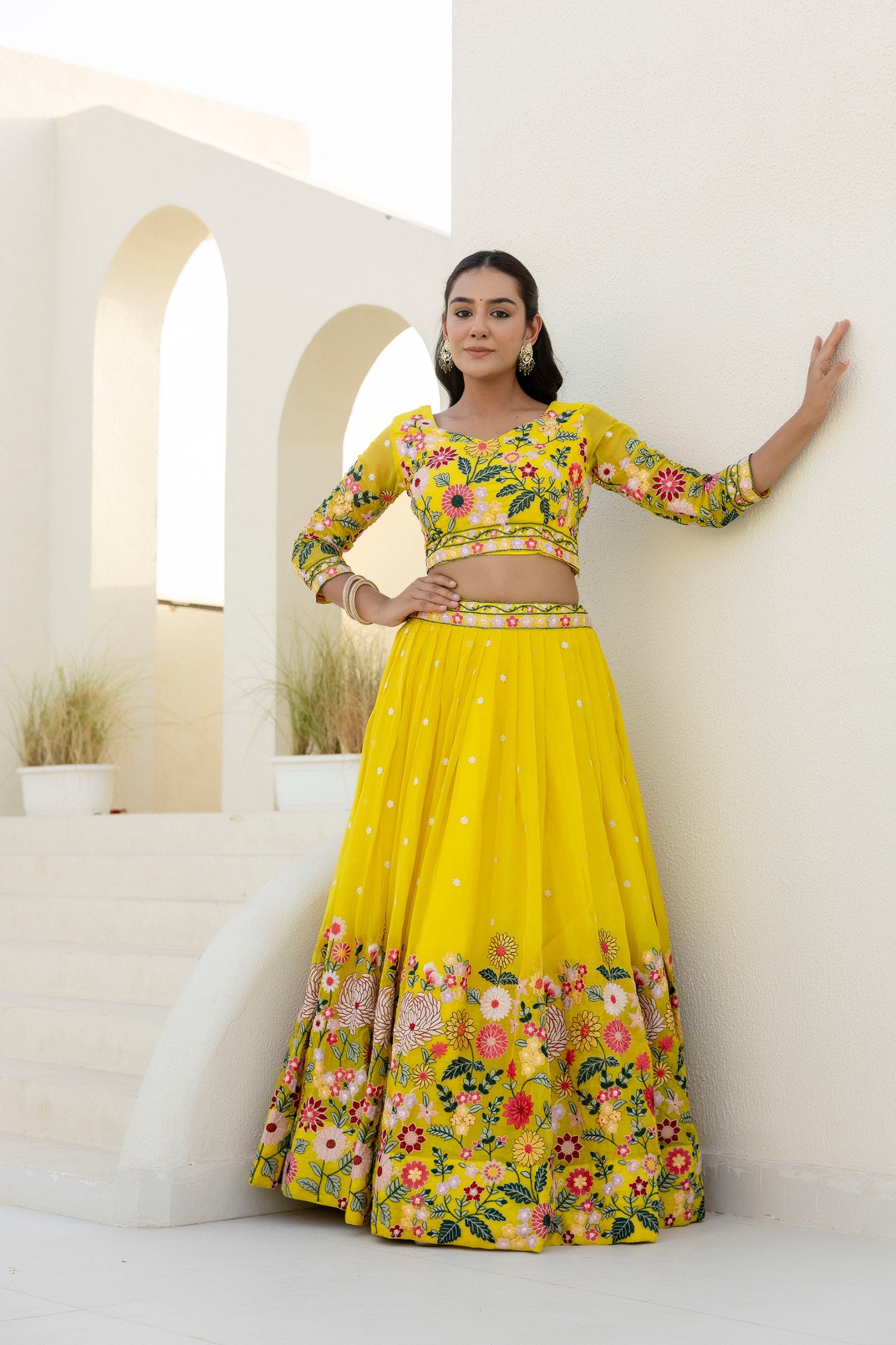 Yellow Floral Embroidered Organza Lehenga Set | RoopRivaaj