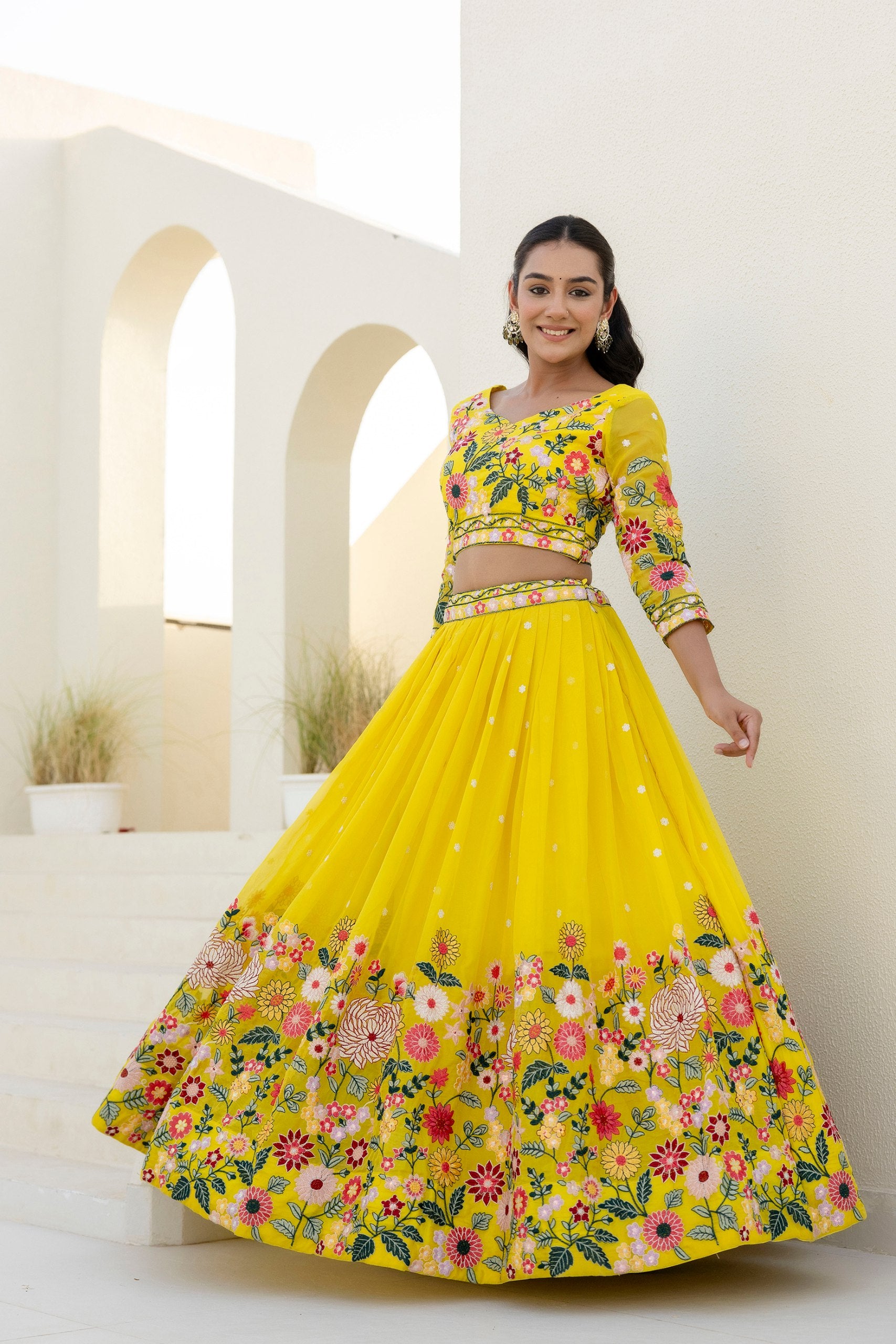 Yellow Floral Embroidered Organza Lehenga Set | RoopRivaaj