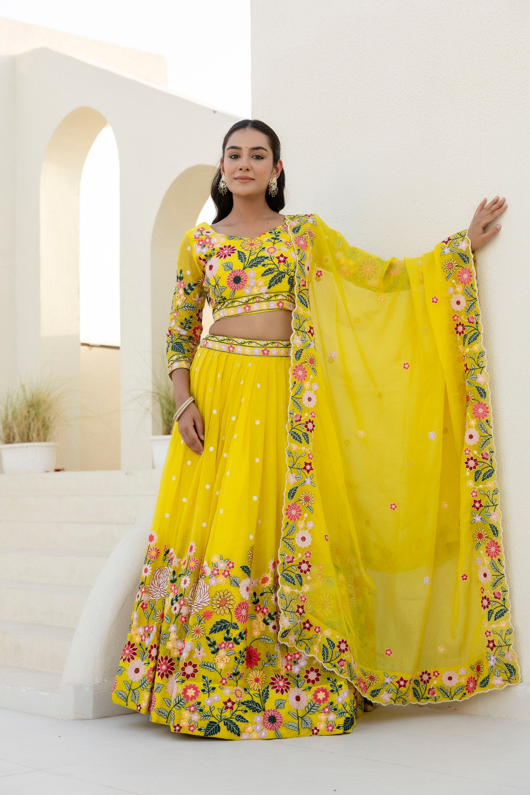 Yellow Floral Embroidered Organza Lehenga Set | RoopRivaaj