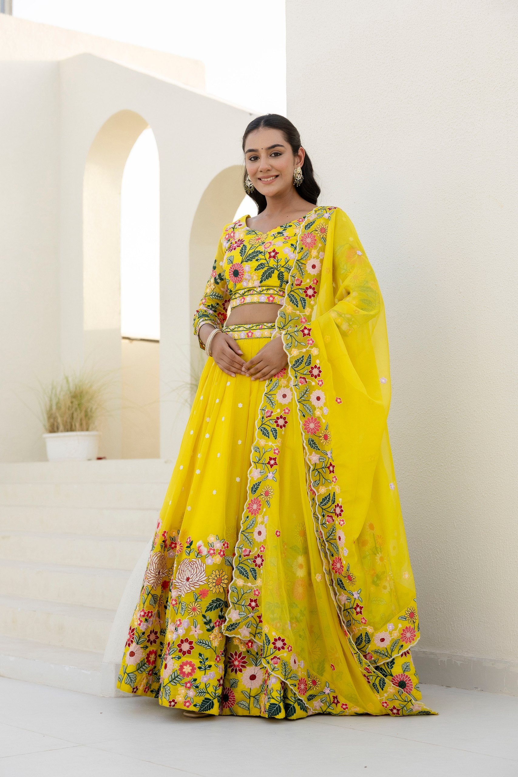 Yellow Floral Embroidered Organza Lehenga Set | RoopRivaaj