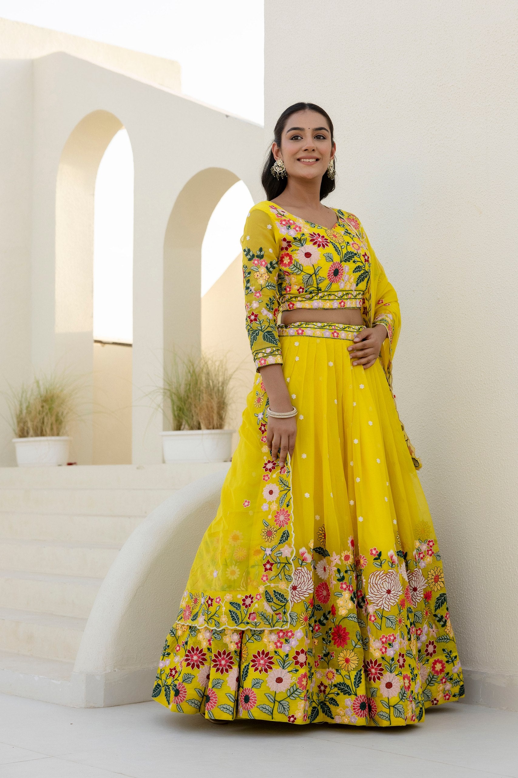 Yellow Floral Embroidered Organza Lehenga Set | RoopRivaaj