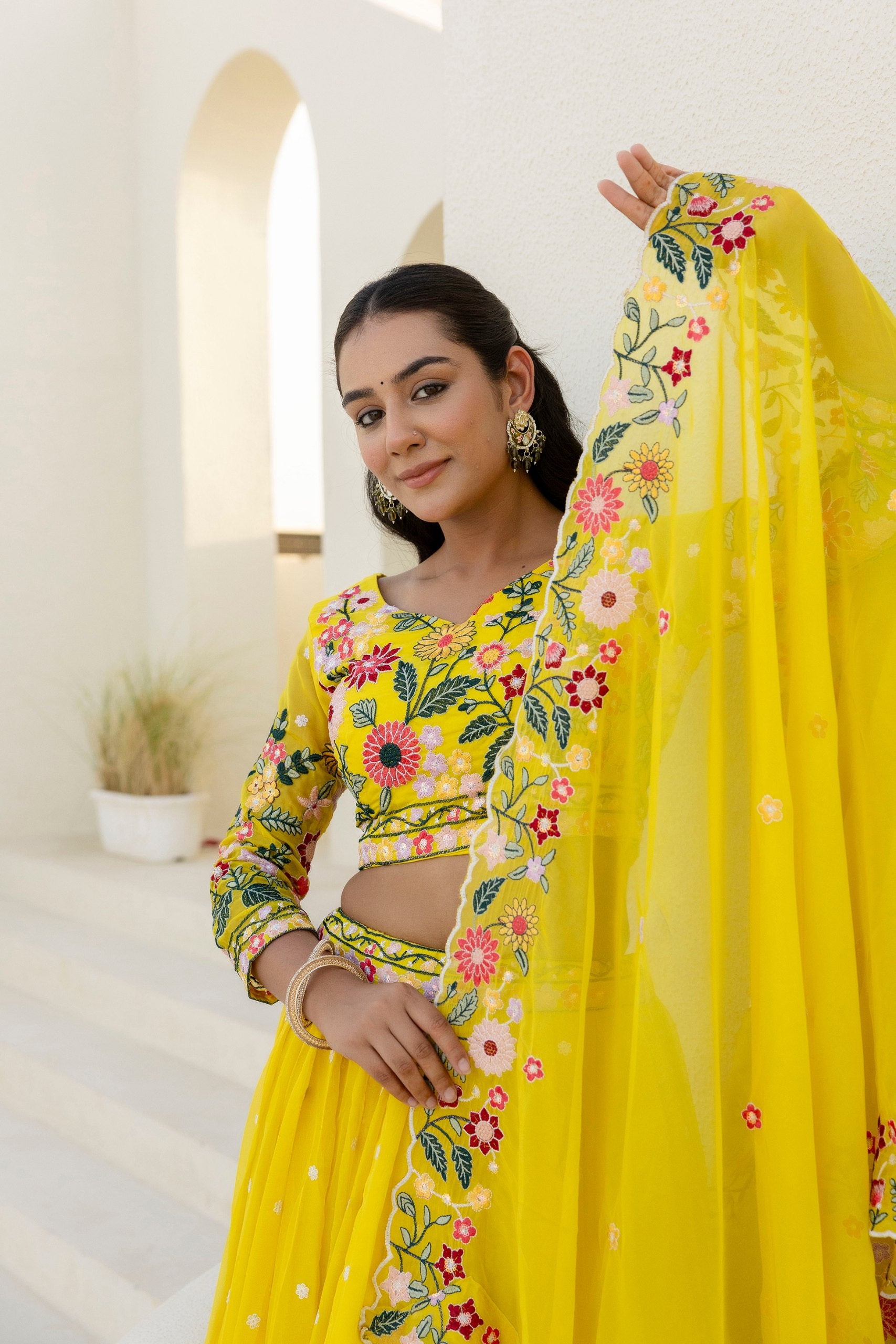 Yellow Floral Embroidered Organza Lehenga Set | RoopRivaaj